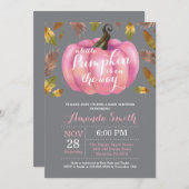 Invitation Fille Citrouille d'automne Baby shower rose et Gar (Devant / Derrière)