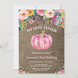 Invitation Fille Citrouille premier anniversaire Floral Gold 