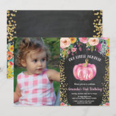 Invitation Fille Citrouille premier anniversaire Floral or Ch (Devant / Derrière)