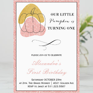 Invitation Fille Citrouille Rose Or Halloween 1er anniversair