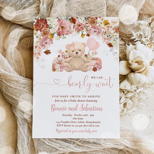 Invitation Fille Citrouille Teddy Bear Floral Fall Baby showe