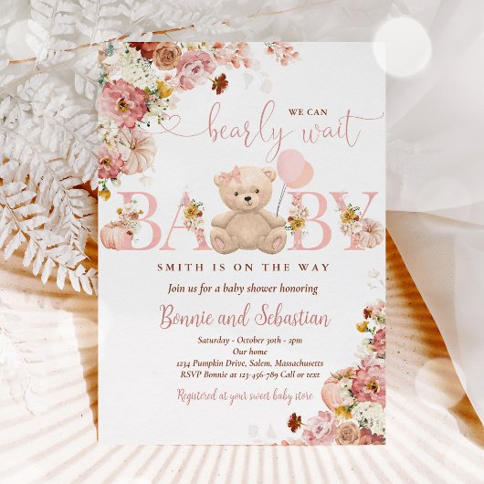 Invitation Fille Citrouille Teddy Bear Floral Fall Baby showe
