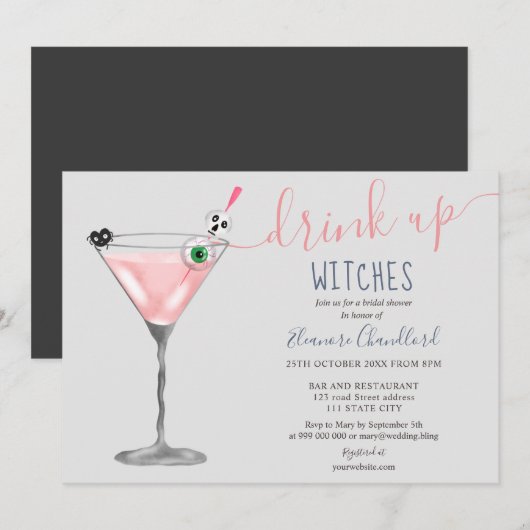 Invitation Fille cocktail rose sorcières Halloween nuptiale d (Devant / Derrière)