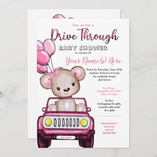 Invitation Fille Conduire à travers Baby shower Ours Teddy (Devant / Derrière)