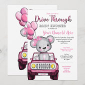 Invitation Fille Conduire à travers Baby shower Ours Teddy (Devant / Derrière)