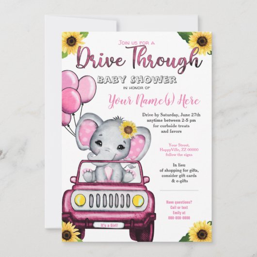 Invitation Fille Conduite Par Baby shower Elephant Tournesol (Devant)