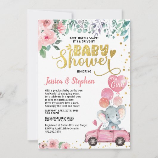 Invitation Fille Conduite Par Baby shower Parade Eléphant ros (Devant)