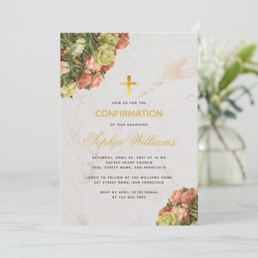 Invitation Fille Confirmation Armoise de marbre floral Script (Debout devant)