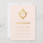 Invitation Fille Confirmation Blush Pink Faux Gold Crest Cros (Devant)