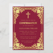 Invitation Fille Confirmation Bourgogne Croix en Faux Or Élég (Devant)