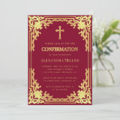 Invitation Fille Confirmation Bourgogne Croix en Faux Or Élég (Debout devant)