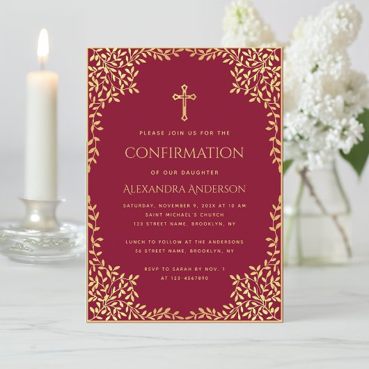 Invitation Fille Confirmation Bourgogne Faux Gold Feuilles Or