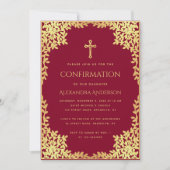 Invitation Fille Confirmation Bourgogne Faux Gold Feuilles Or (Devant)