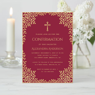 Invitation Fille Confirmation Bourgogne Feuilles Ornementales