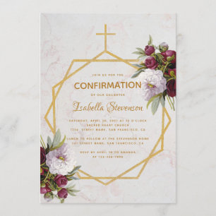 Invitation Fille Confirmation Bourgogne Red Peonies Marble Go