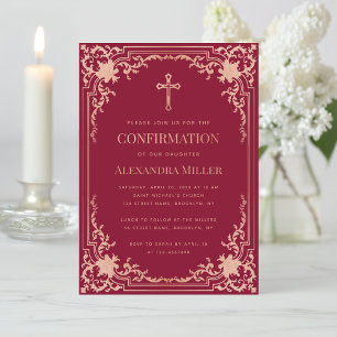 Invitation Fille Confirmation Bourgogne Rose Rose Or Élégant