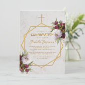 Invitation Fille Confirmation Bourgogne Rouge Pivoines Marbre (Debout devant)