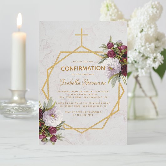 Invitation Fille Confirmation Bourgogne Rouge Pivoines Marbre