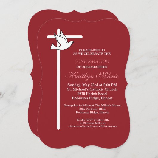 Invitation Fille Confirmation Croix Dove sur Rouge (Devant / Derrière)