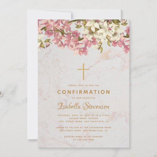 Invitation Fille Confirmation Croix Florale rose Orchidées Ma (Devant)