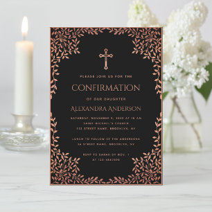 Invitation Fille Confirmation Feuille rose noir Rose or