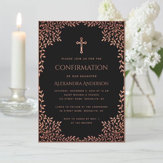 Invitation Fille Confirmation Feuille rose noir Rose or