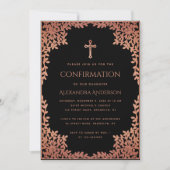 Invitation Fille Confirmation Feuille rose noir Rose or (Devant)