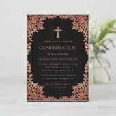Invitation Fille Confirmation Feuille rose noir Rose or (Debout devant)