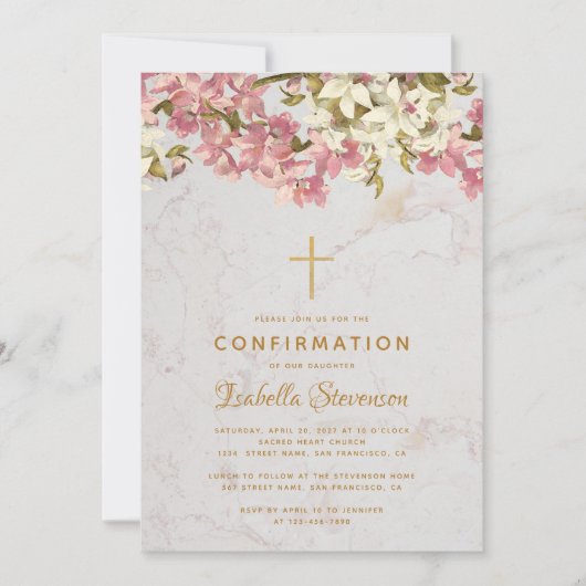 Invitation Fille Confirmation Fleurs Croix Orchidées Roses Ma (Devant)