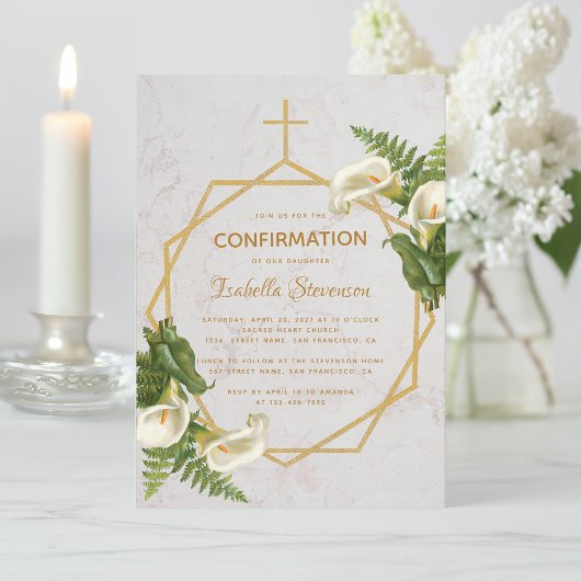Invitation Fille Confirmation Floral Marbre Or Calla Lilies