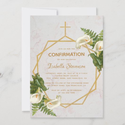Invitation Fille Confirmation Floral Marbre Or Calla Lilies (Devant)