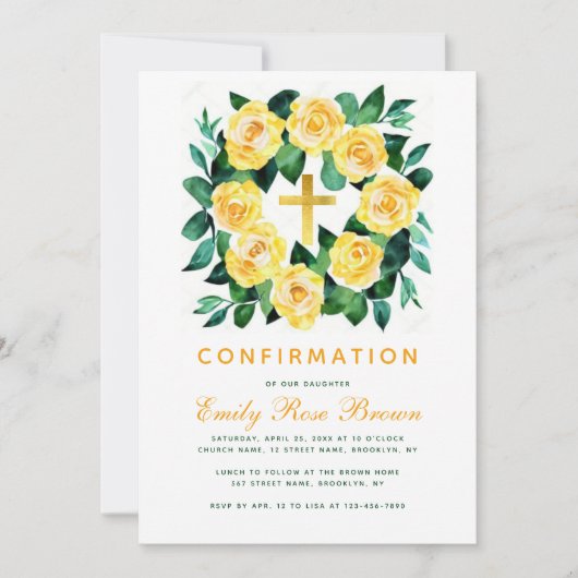 Invitation Fille Confirmation Floral Rose Jaune Script de cou (Devant)