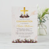 Invitation Fille Confirmation Gold Cross Burgundy Peony Marbl (Debout devant)