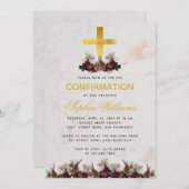 Invitation Fille Confirmation Gold Cross Burgundy Peony Marbl (Devant / Derrière)