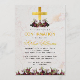 Invitation Fille Confirmation Gold Cross Burgundy Peony Marbl
