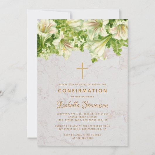 Invitation Fille Confirmation Lys Blancs sur Marbre Floral (Devant)