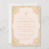Invitation Fille Confirmation Pink Gold Feuilles Vintage Élég (Devant)