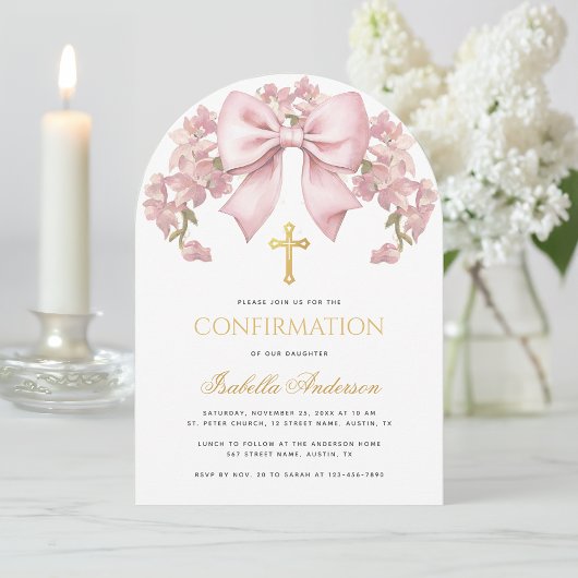 Invitation Fille confirmation rose bow floral & croix élégant