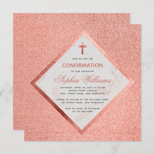 Invitation Fille Confirmation Rose Croix de marbre or rose (Devant / Derrière)