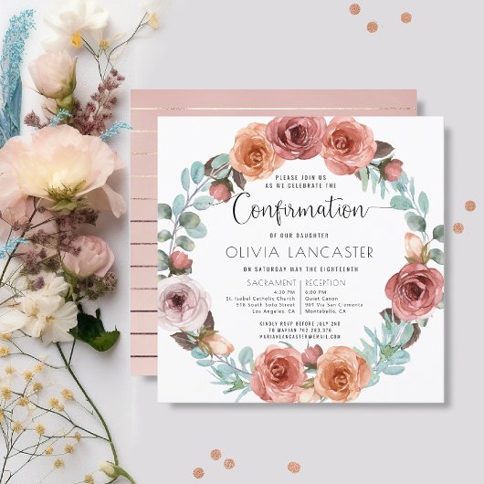 Invitation Fille Confirmation Rose Gold Blush Floral Wreath