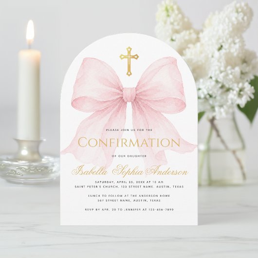 Invitation Fille Confirmation Ruban Rose Écriture Fausse Croi