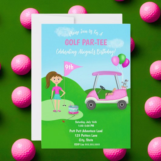 Invitation Fille cool de golf à thème fête d'anniversaire