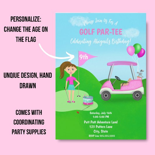 Invitation Fille cool de golf à thème fête d'anniversaire