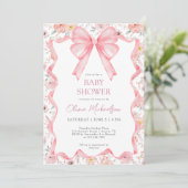Invitation Fille Coquette Baby shower de bow à ruban rose Flo (Debout devant)