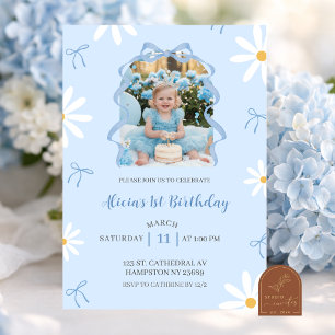 Invitation Fille Coquette Blue Daisy 1er Anniversaire avec ph
