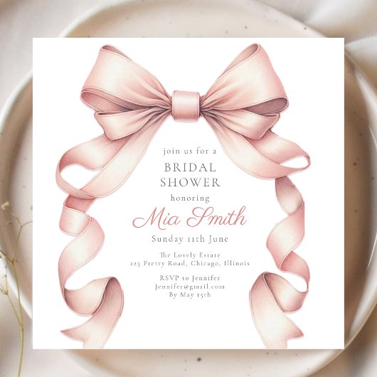 Invitation Fille Coquette Blush Aquarelle Bow Fête des mariée