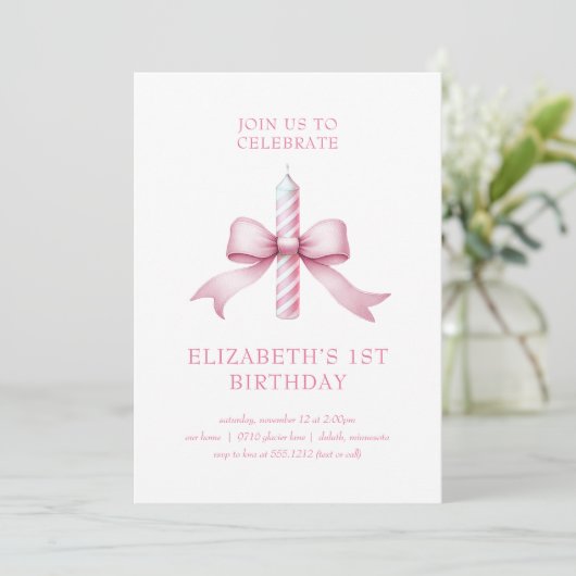 Invitation Fille Coquette rose bougie 1er anniversaire (Debout devant)