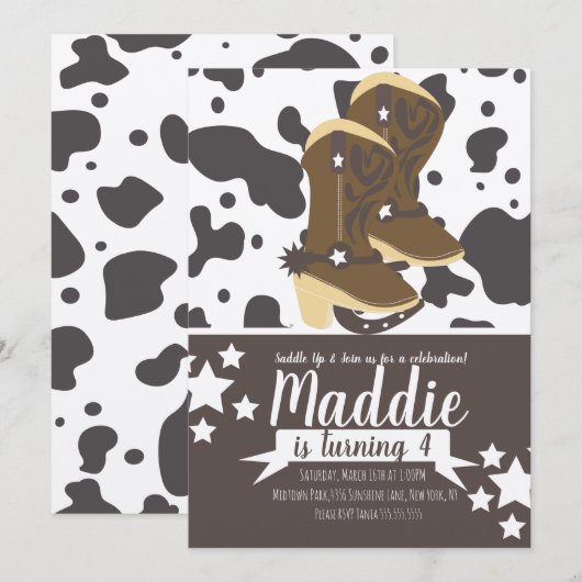 Invitation Fille Cowboy Anniversaire Impression Vache (Devant / Derrière)
