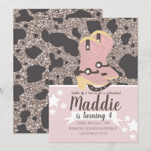 Invitation Fille Cowboy Anniversaire Paillettes Imprimé Vache