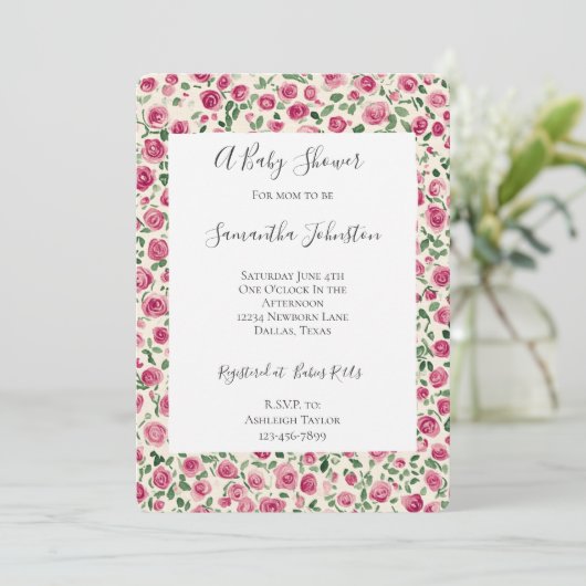 Invitation Fille Crème rose Chic Baby shower Floral (Debout devant)